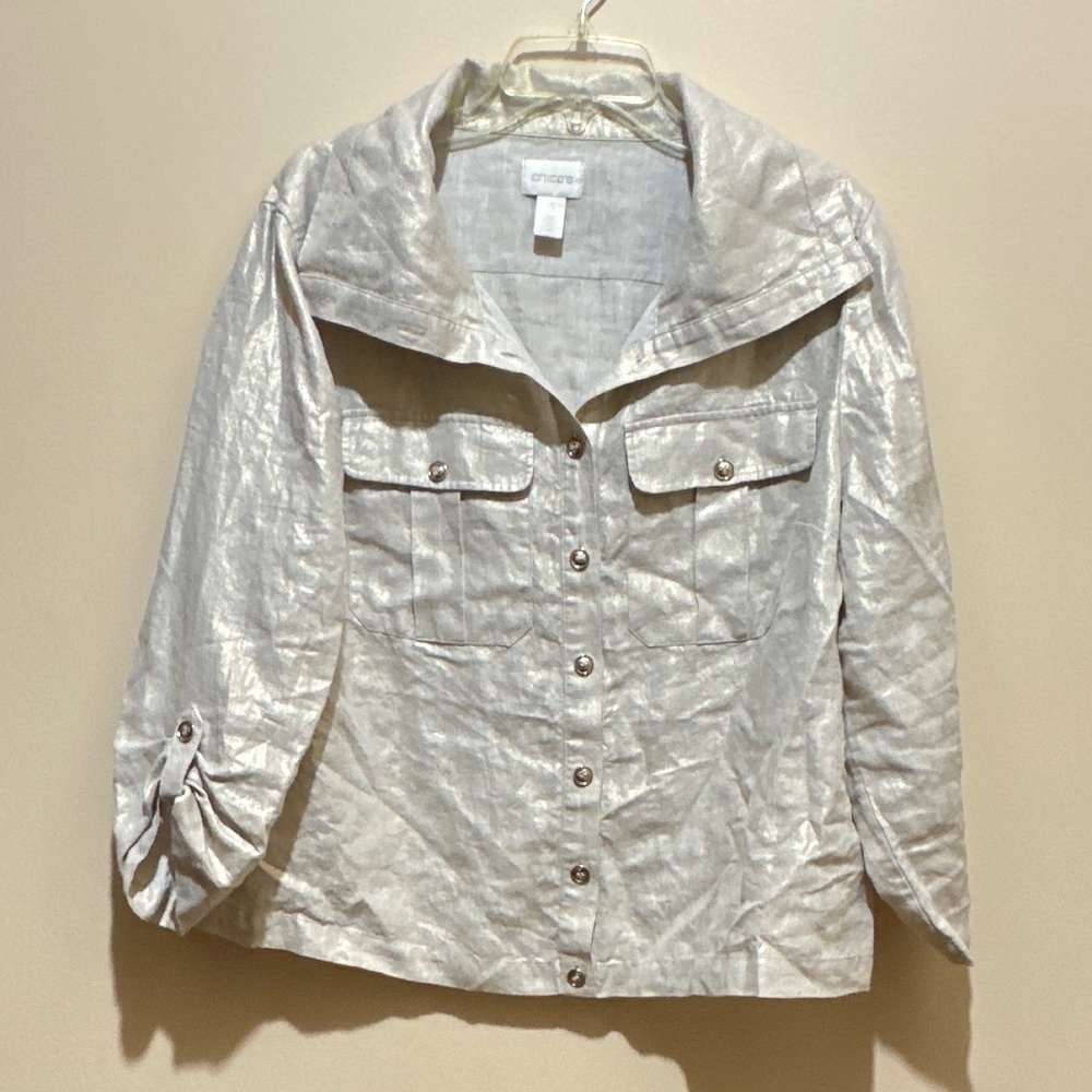 Chico’s Women 100%  Linen metallic gold convertible shortsleeve shaker blouse 3